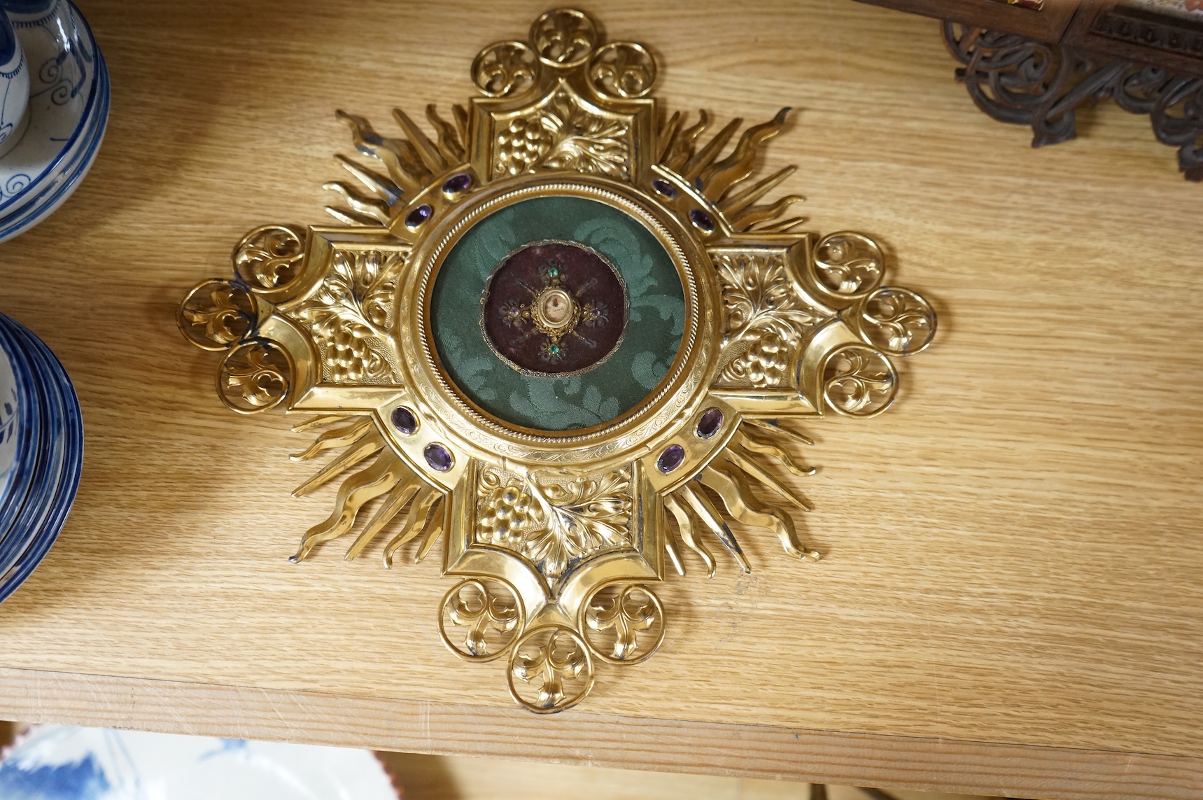 A group of Christian icons including a 19th century Portuguese Gothic revival carved walnut case containing an image of the immaculate heart of Mary, (5), Provenance - John Henry Bickersteth (1825-1906), former Bishop of